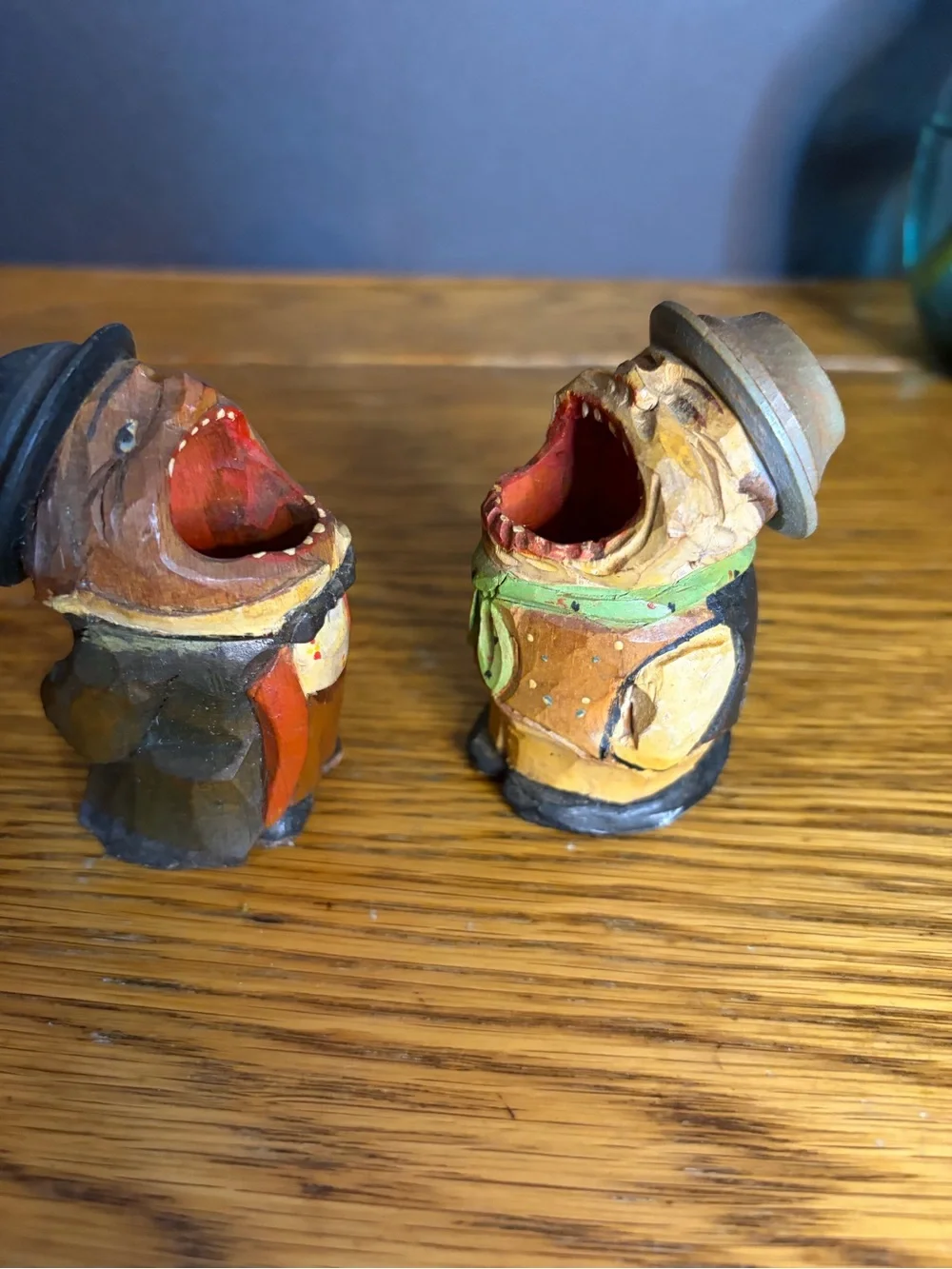 Vintage ANRI Style Carved Wood Big Mouth Toothpick Match Holder Set